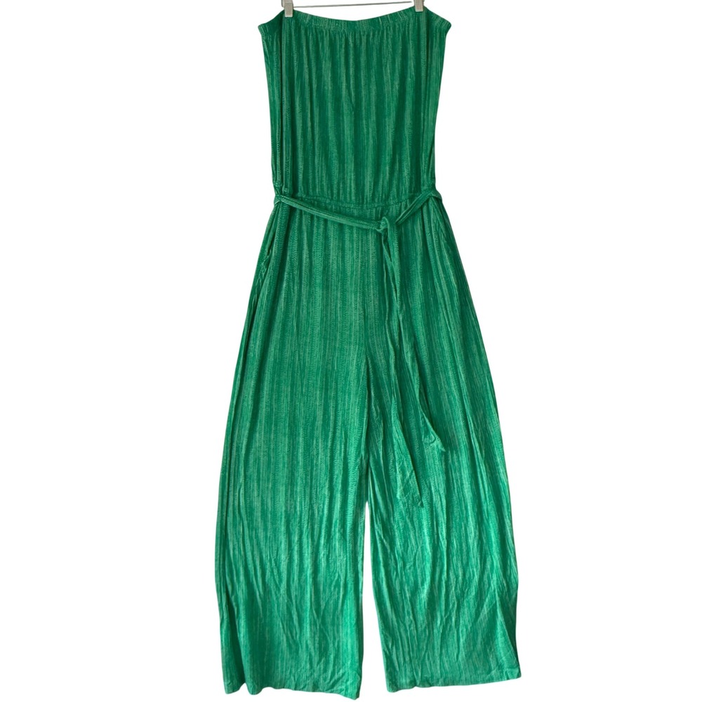 Colleen Lopez 1X Palazzo Jumpsuit Green Strapless Wide Leg Belted Chevron Stripe